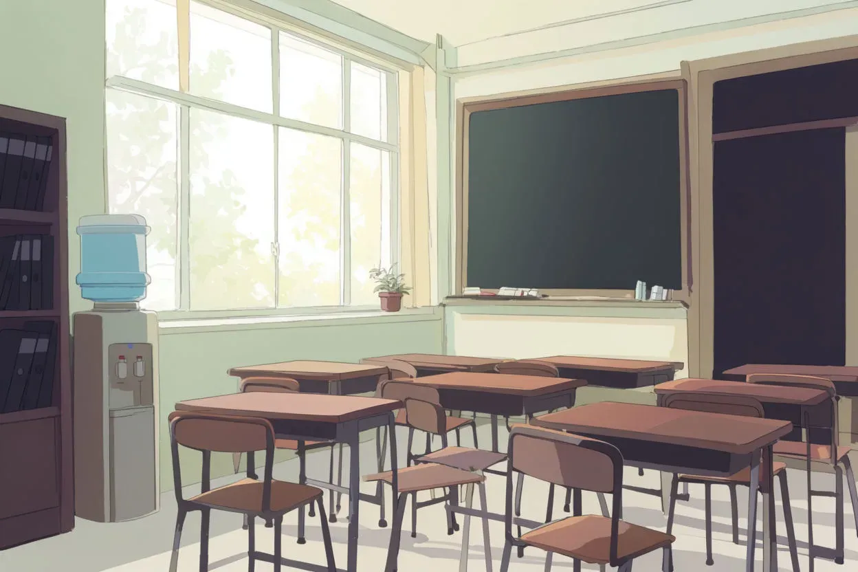Anime-style scene on a soft daytime pastel palette