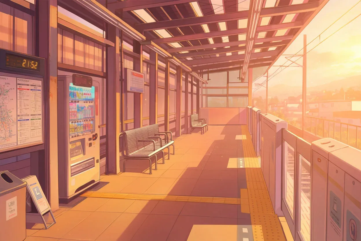 Anime-style scene on a warm golden-hour palette