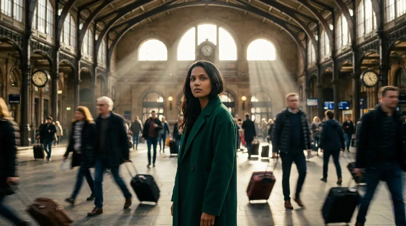The same character in a station establishing shot, generated from a saved reference