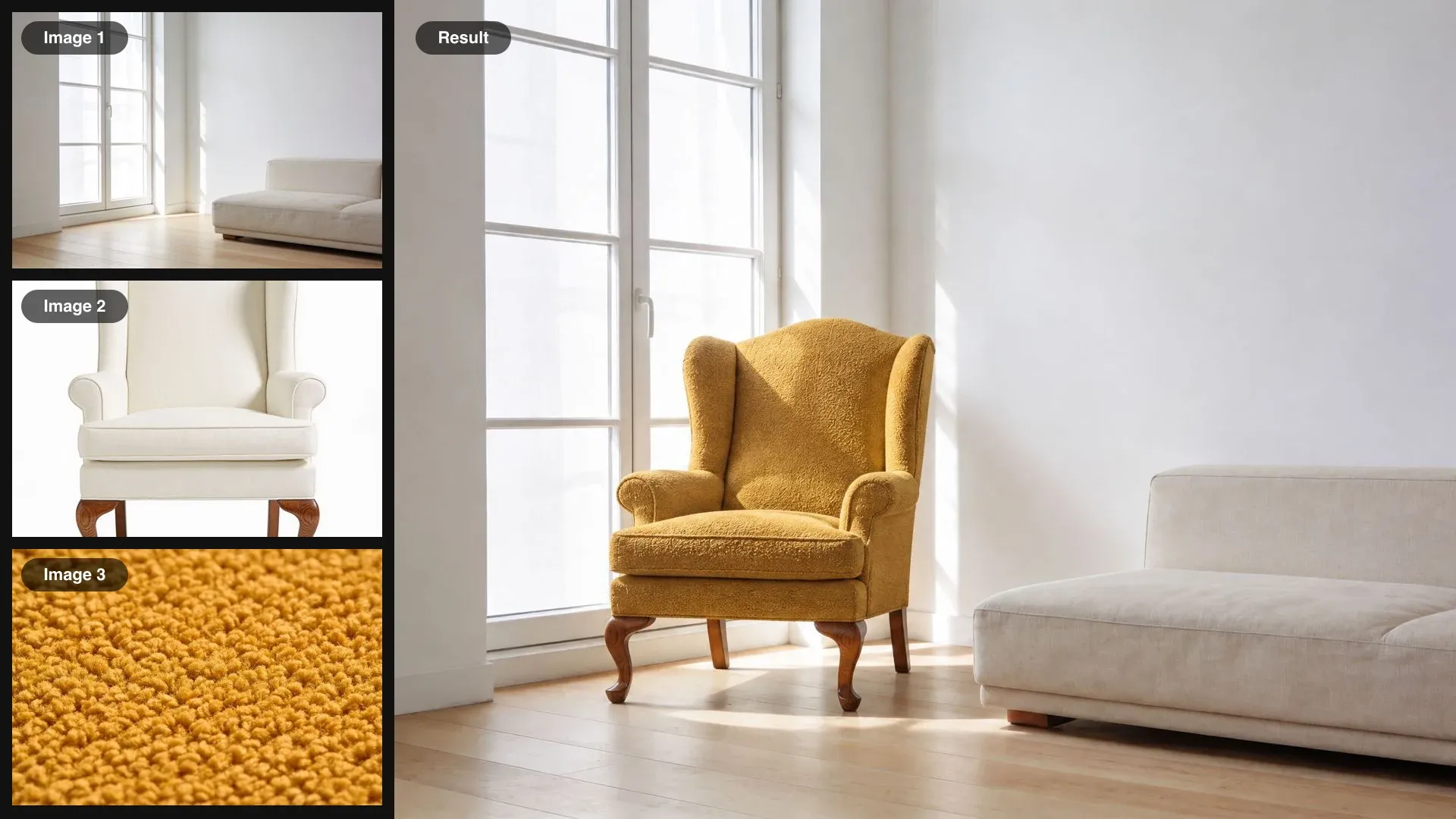 A bright living room, a wingback armchair, and a mustard bouclé swatch as inputs, combined into one image of the chair in the room