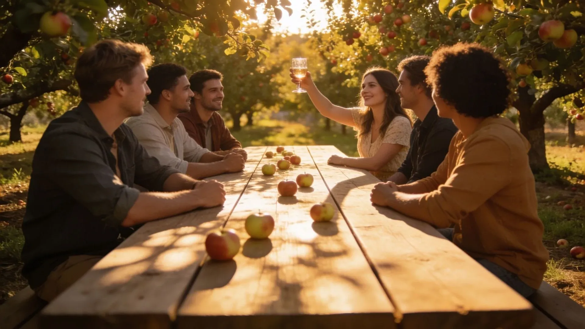 Six friends at a long picnic table in an apple orchard in late afternoon, two on each side and one at each end, the woman at the far end raising a glass