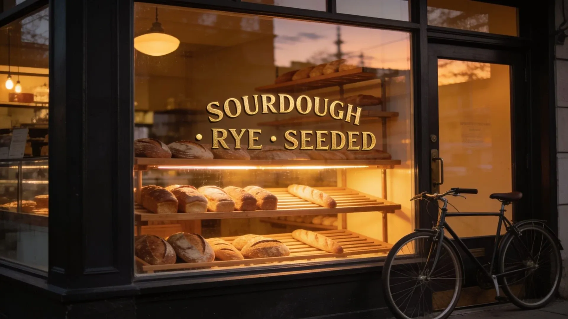 A corner bakery at dusk, the window lettered SOURDOUGH · RYE · SEEDED in gold leaf serif, warm light inside and a bicycle parked out front