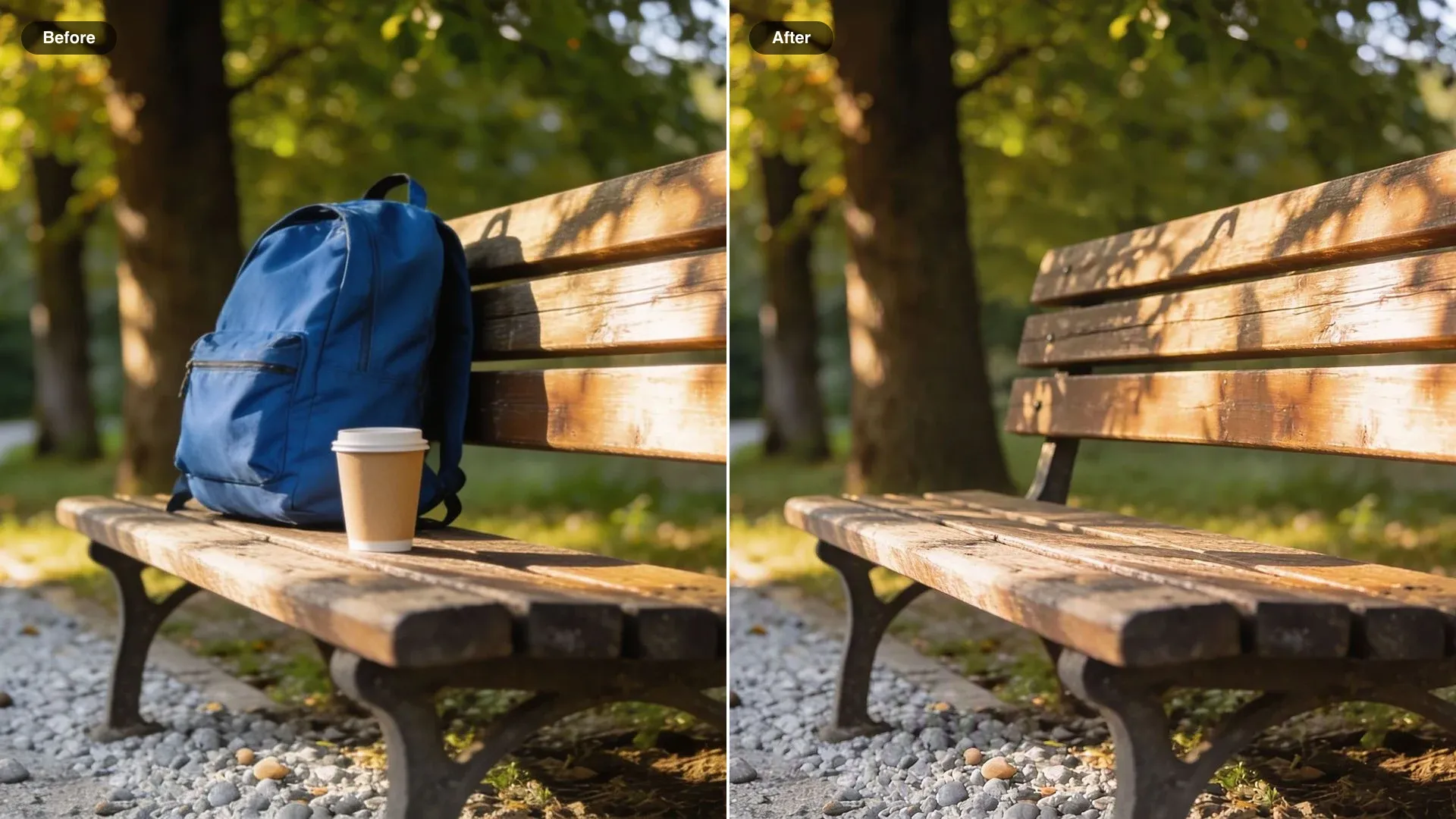 Before and after of a park bench under trees, a backpack and a paper cup removed from the seat