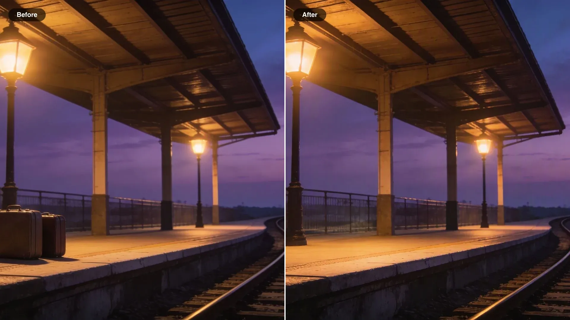 Before and after of an empty railway platform at dusk, two suitcases on the left removed