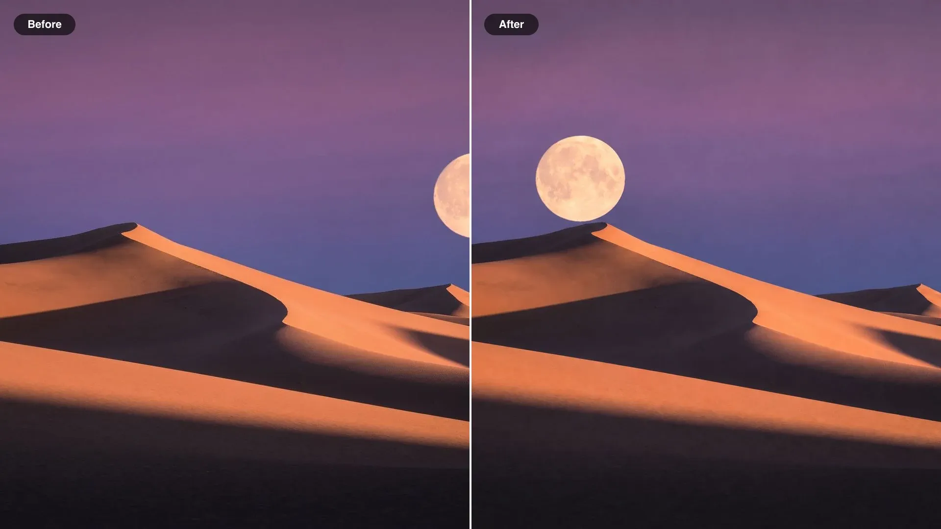 Before and after of desert sand hills at dusk, the moon moved from the right of the sky to just above the left sand ridge