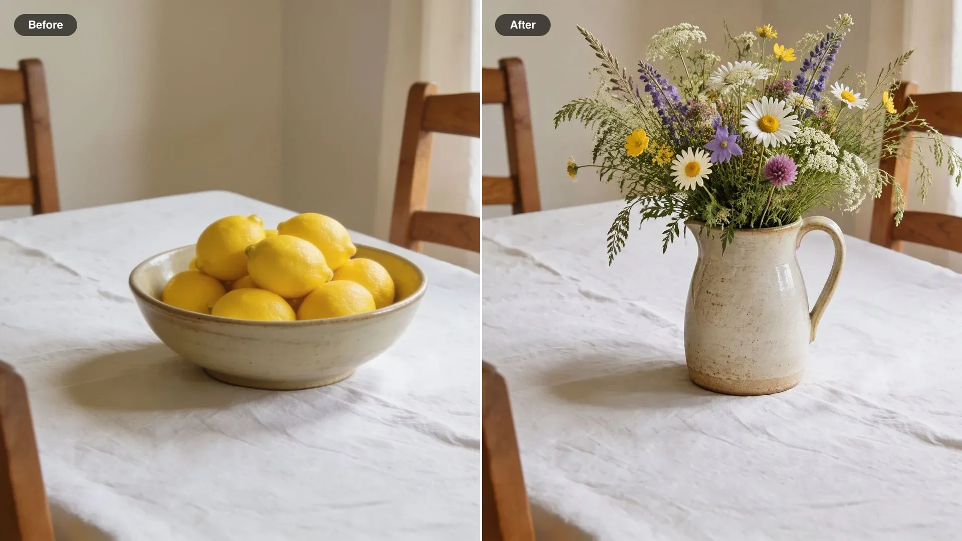 Before and after of a dining table, a bowl of lemons replaced by a tall jug of wild flowers