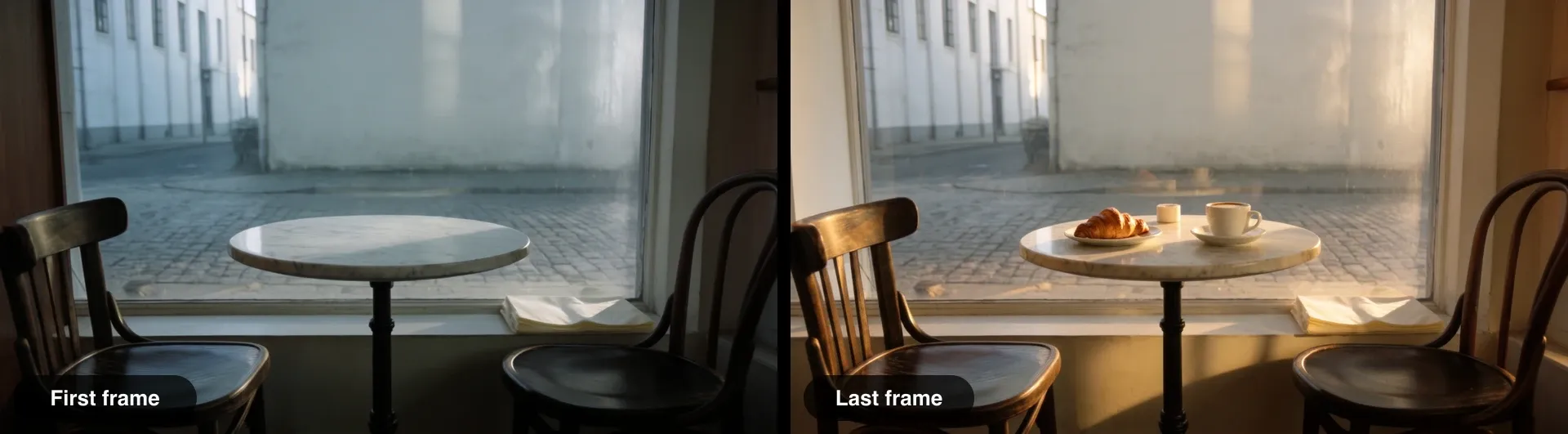 First frame of an empty café table before dawn and last frame of the same table with coffee and a croissant in morning sun