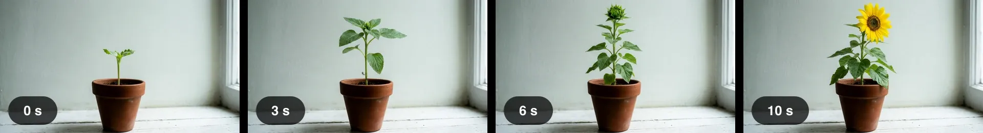 Four keyframes of a sunflower in a pot at 0, 3, 6, and 10 seconds, from seedling to full bloom