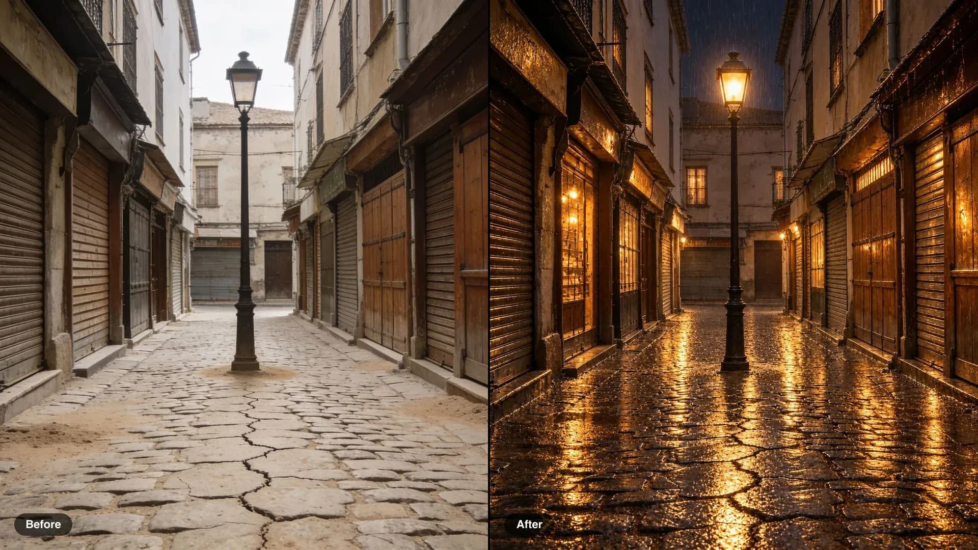 Before and after of a cobbled old-town street, flat daytime turned to a rainy night with glowing windows