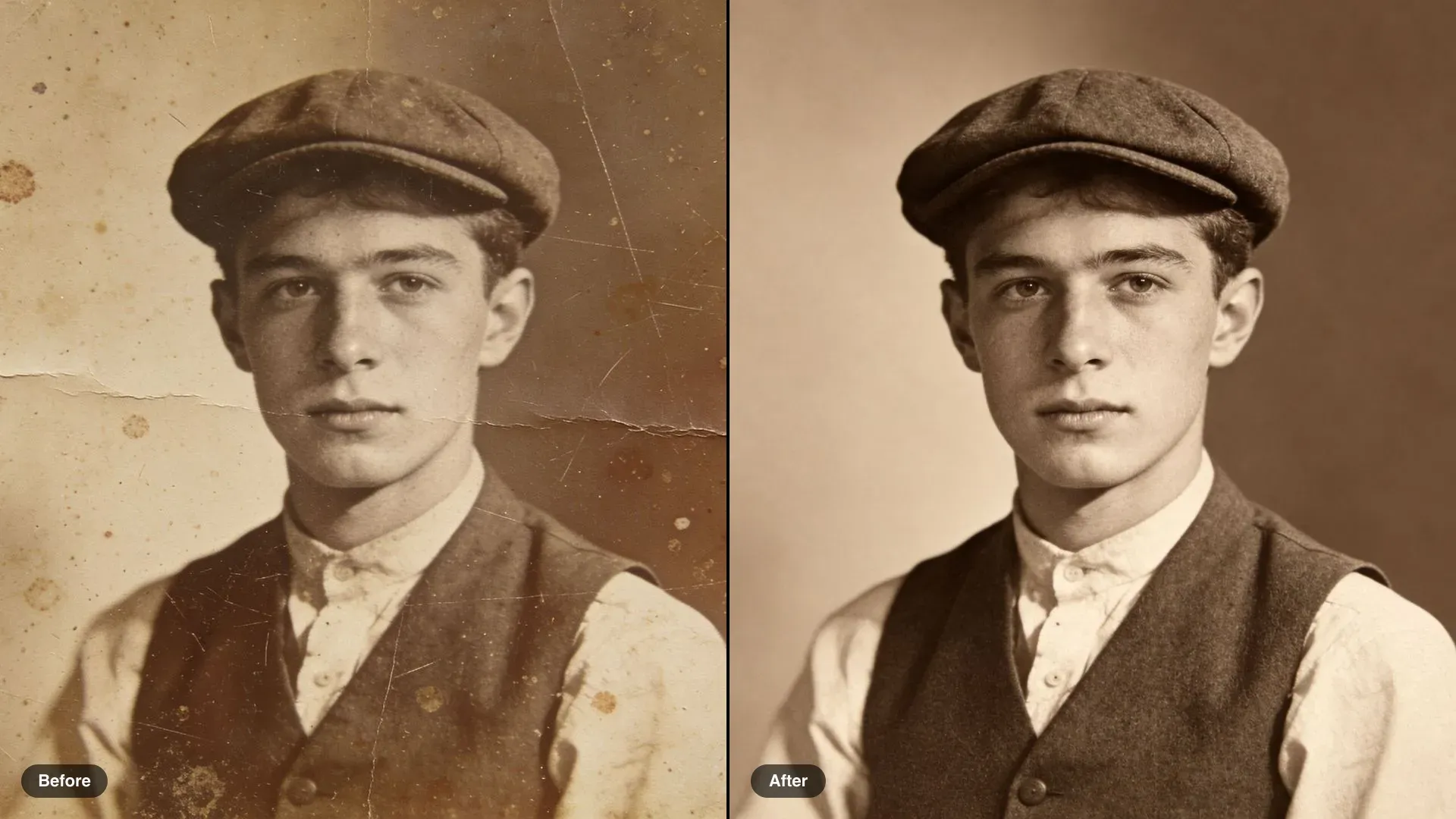 Before and after of a scratched sepia portrait of a young man in a flat cap, restored with the sepia tone kept