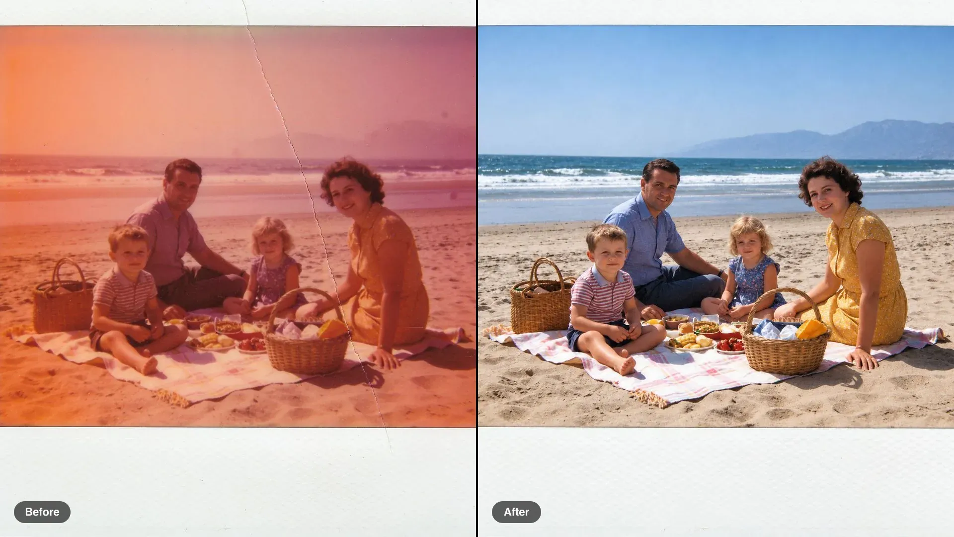 Before and after of a faded beach picnic snapshot, colour shifted to orange, restored to natural colour