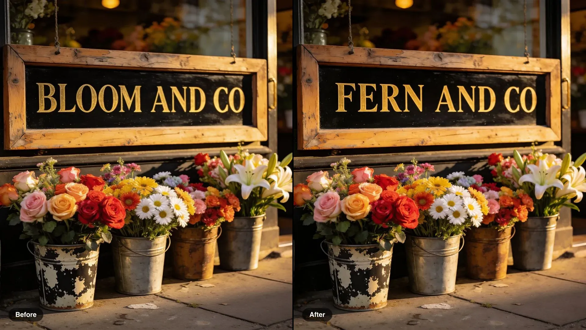 Before and after of a flower shop sign, BLOOM AND CO changed to FERN AND CO in the same gold serif