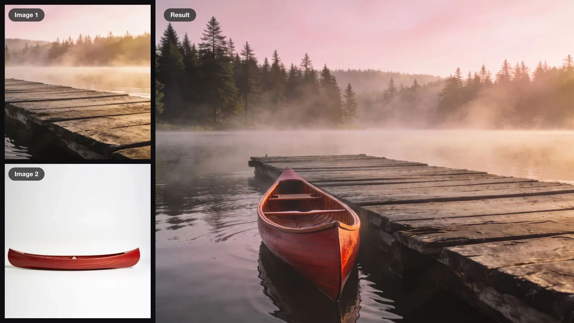 A misty lake dock and a red canoe as inputs, combined into one photo of the canoe in the water beside the dock