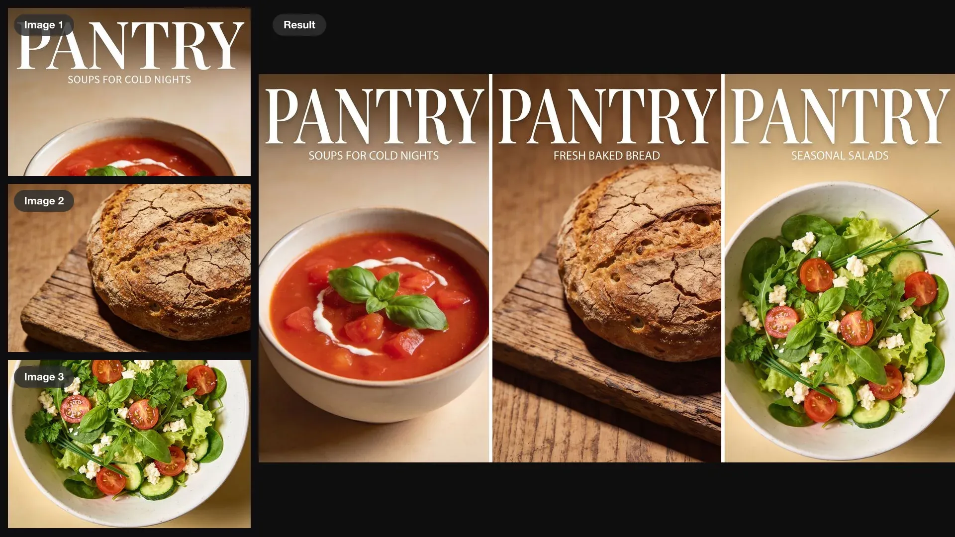 A food magazine with soup on the front and photos of bread and salad as inputs, turned into three matching issues side by side
