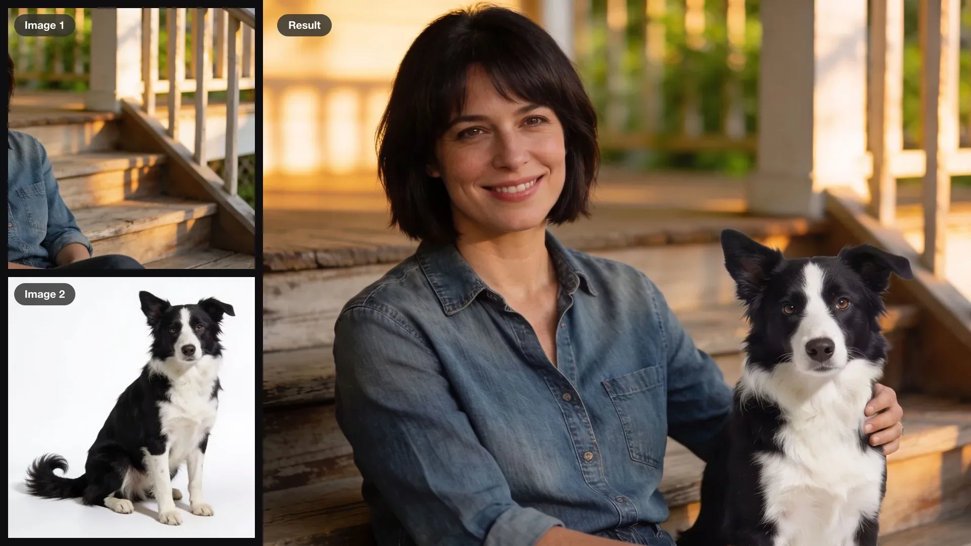 A woman sitting on porch steps and a border collie as inputs, combined into one photo of the dog sitting beside her