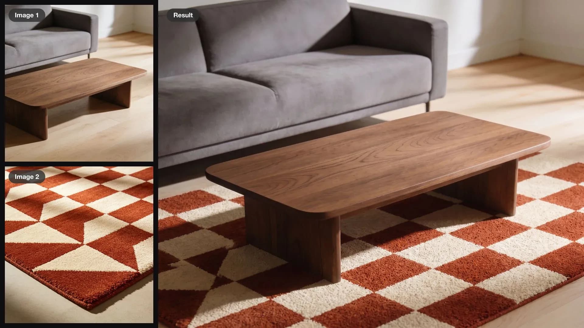 A living room with a bare oak floor and a geometric rug as inputs, combined into one photo of the rug laid under the coffee table
