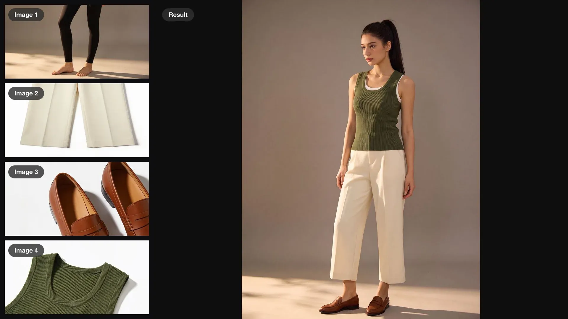 A woman in a tank top and leggings plus trousers, loafers and a knit vest as inputs, combined into one photo of her wearing the full outfit