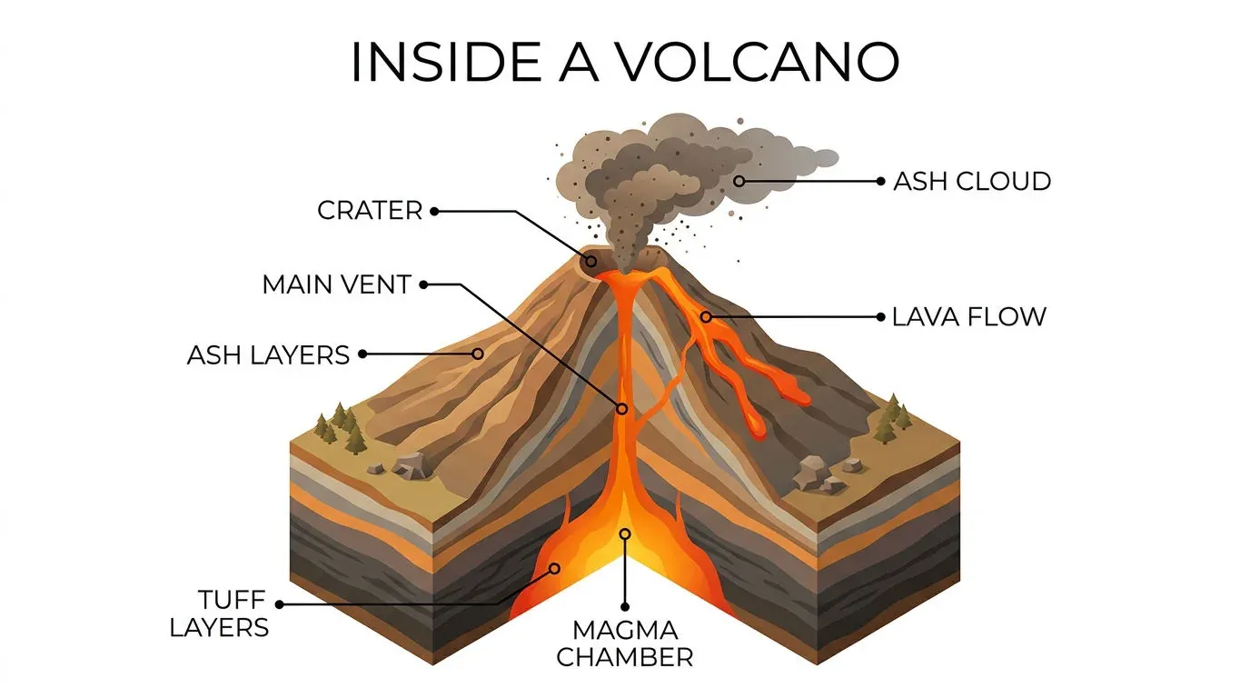 Isometric cutaway infographic titled INSIDE A VOLCANO with labeled magma chamber, vent, crater, ash cloud and lava flow