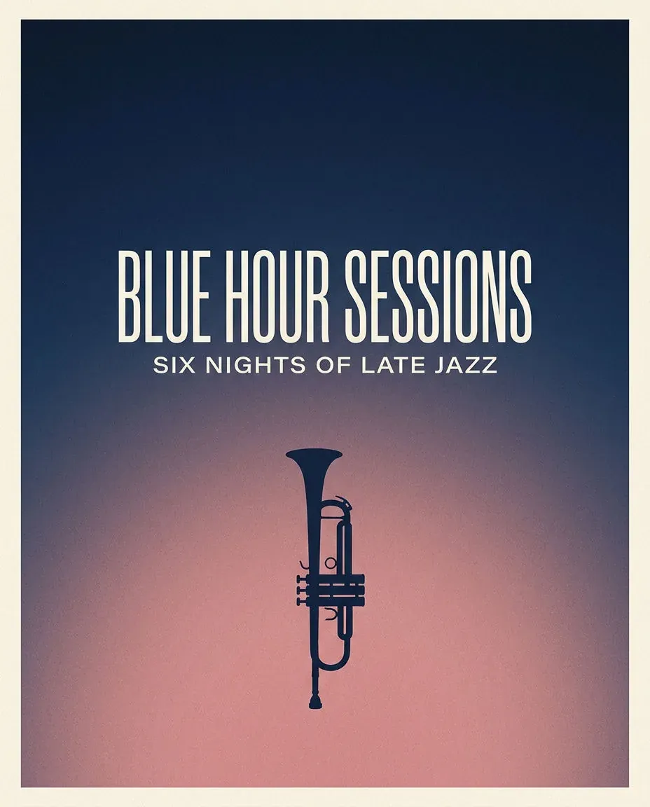 Minimal poster reading BLUE HOUR SESSIONS with a trumpet silhouette on a navy to dusty rose gradient