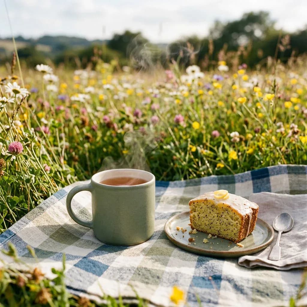 Sage green ceramic mug and a slice of lemon cake on a checked picnic blanket in a wildflower meadow