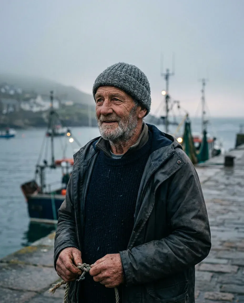 Older fisherman in a grey knit cap on a misty harbour wall at dawn