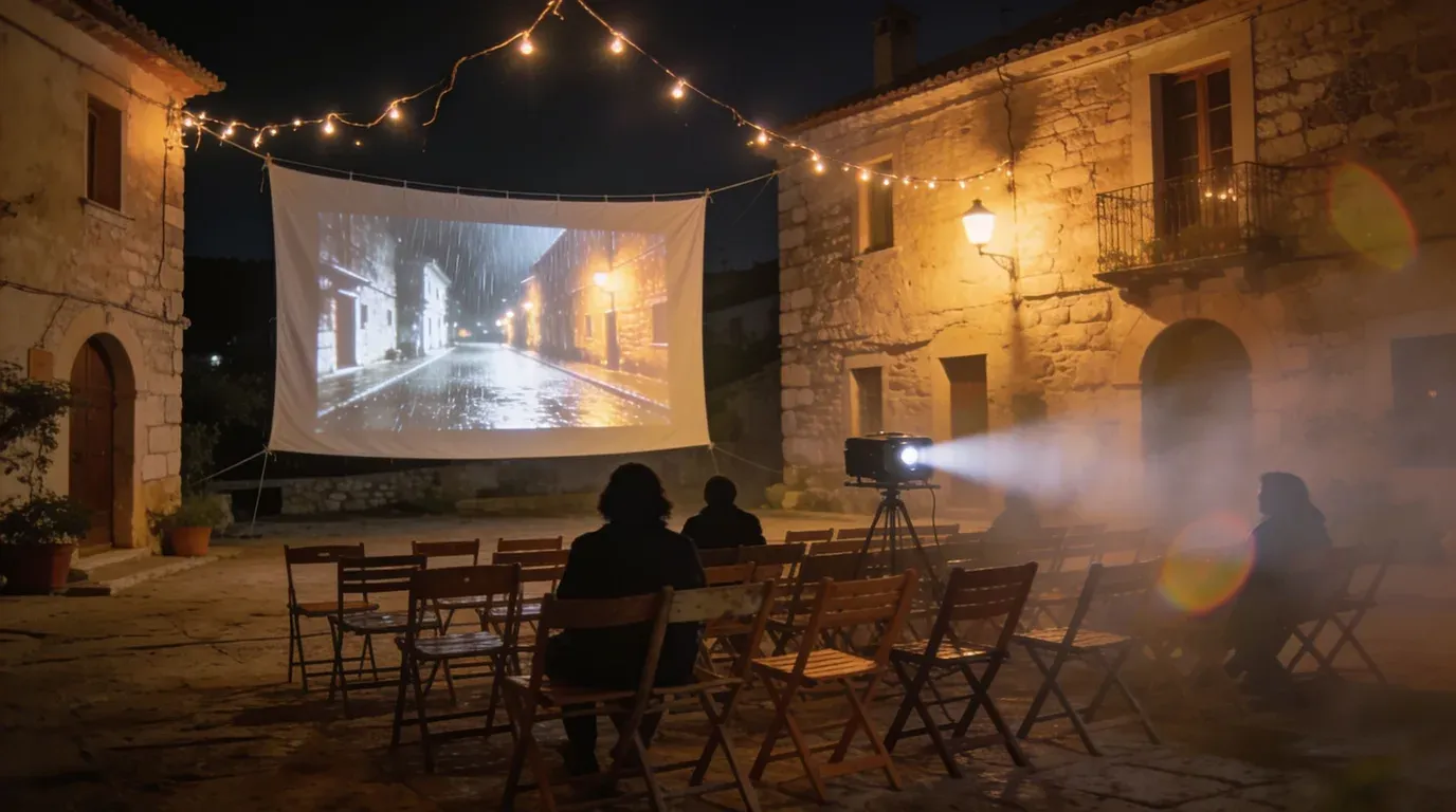 An open-air cinema in a village square at night, a film playing on a sheet strung between stone houses
