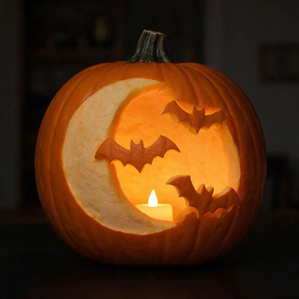Macro of a pumpkin etched with a moon and bats design glowing in graded amber, generated with Seedream 5.0 Pro