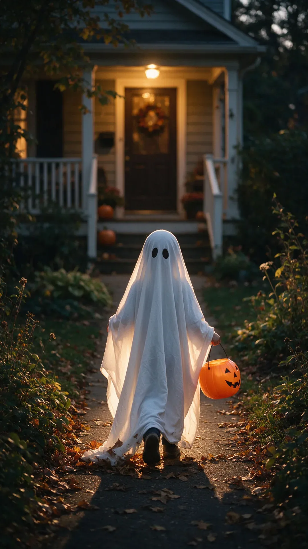 Child in a bedsheet ghost costume seen from behind walking up a path to a lit porch, generated with Seedream 5.0 Pro