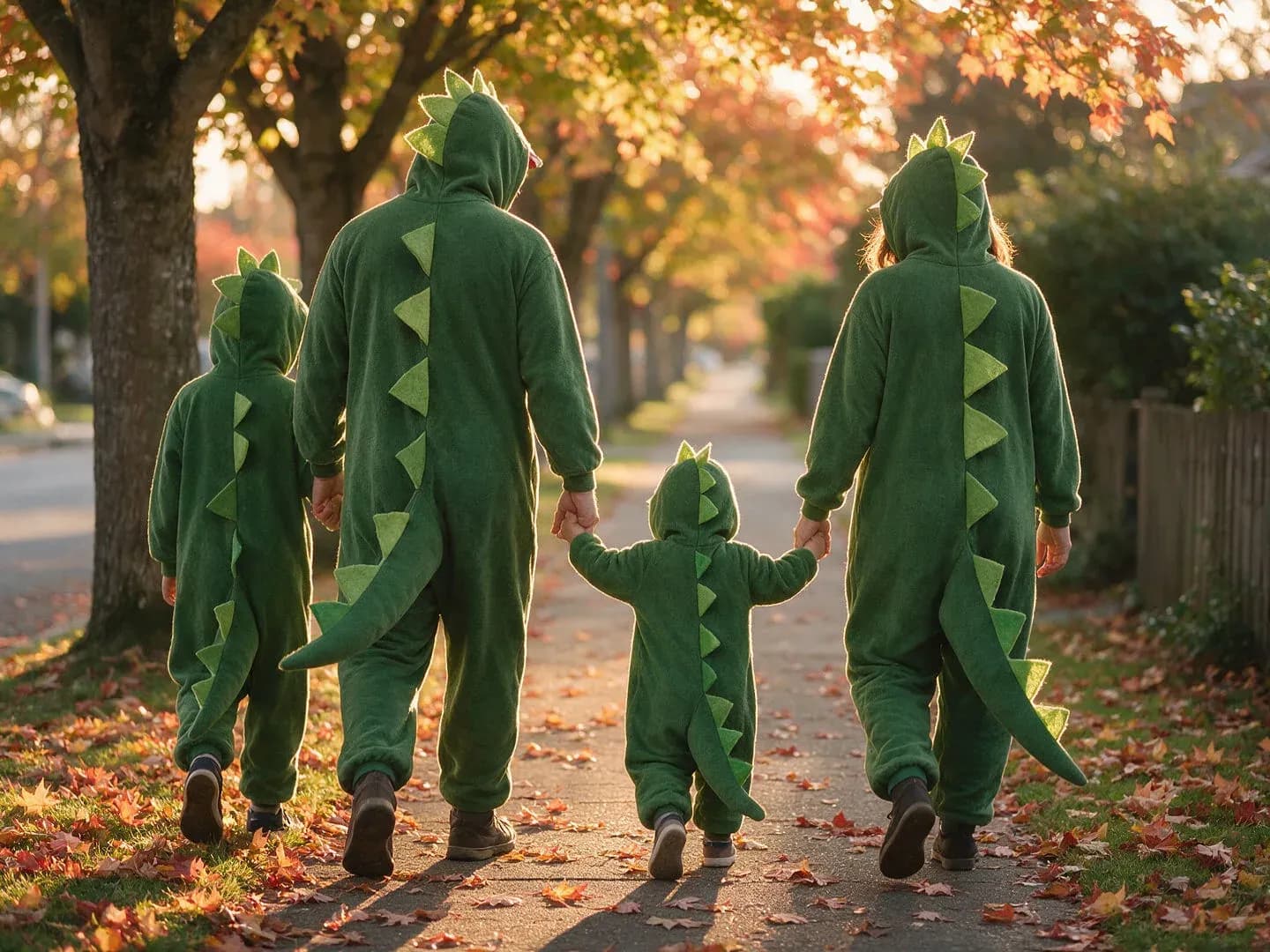 Family of four in green dinosaur costumes walking hand in hand down a leafy sidewalk, generated with Seedream 5.0 Pro
