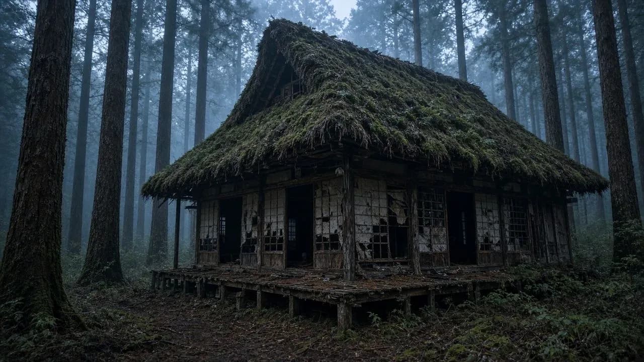 Abandoned Japanese wooden farmhouse with a mossy thatched roof among tall cedar trunks at blue hour, generated with Grok Imagine Image 2.0