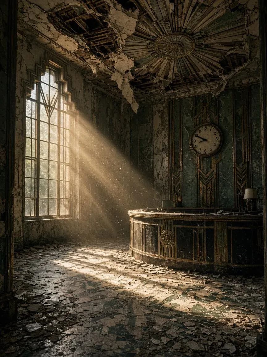 Abandoned 1930s Art Deco hotel lobby with a shaft of sunlight through floating dust, generated with Grok Imagine Image 2.0