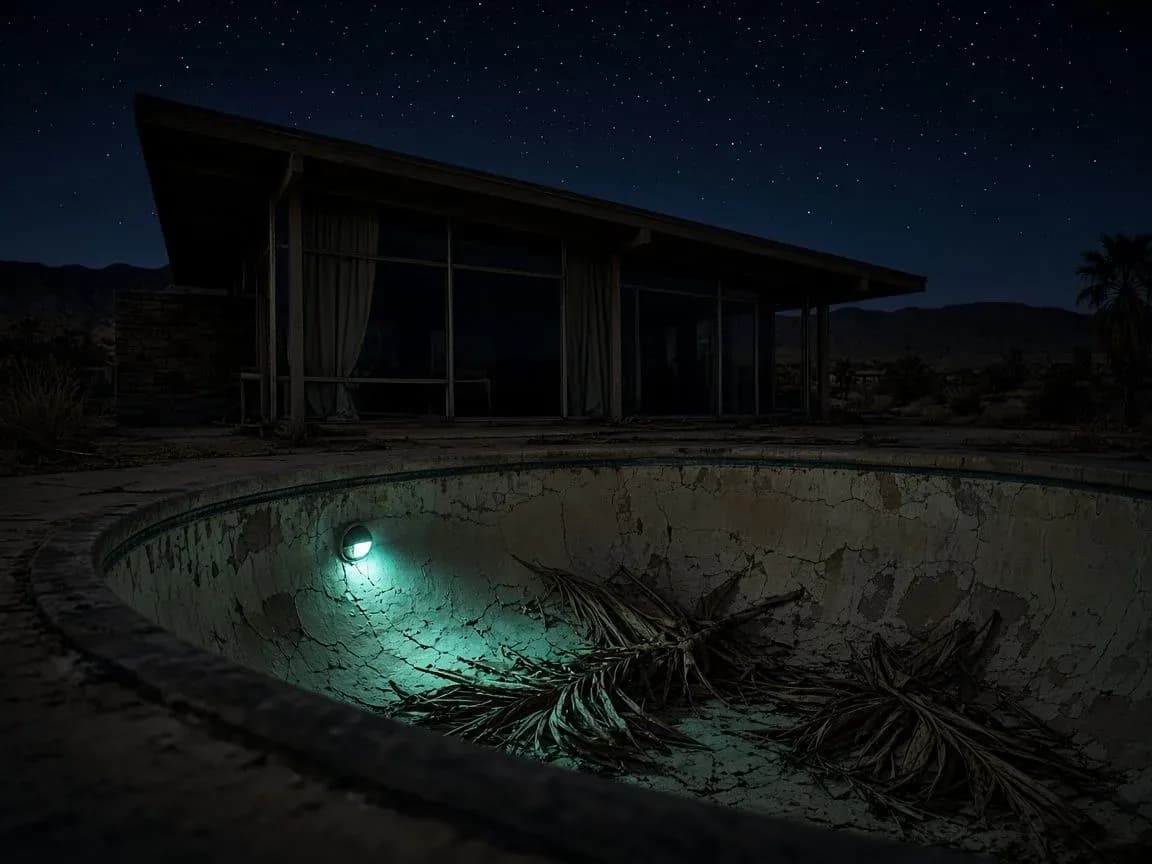 Mid-century modern desert bungalow at night behind a drained pool glowing turquoise from one lamp, generated with Grok Imagine Image 2.0