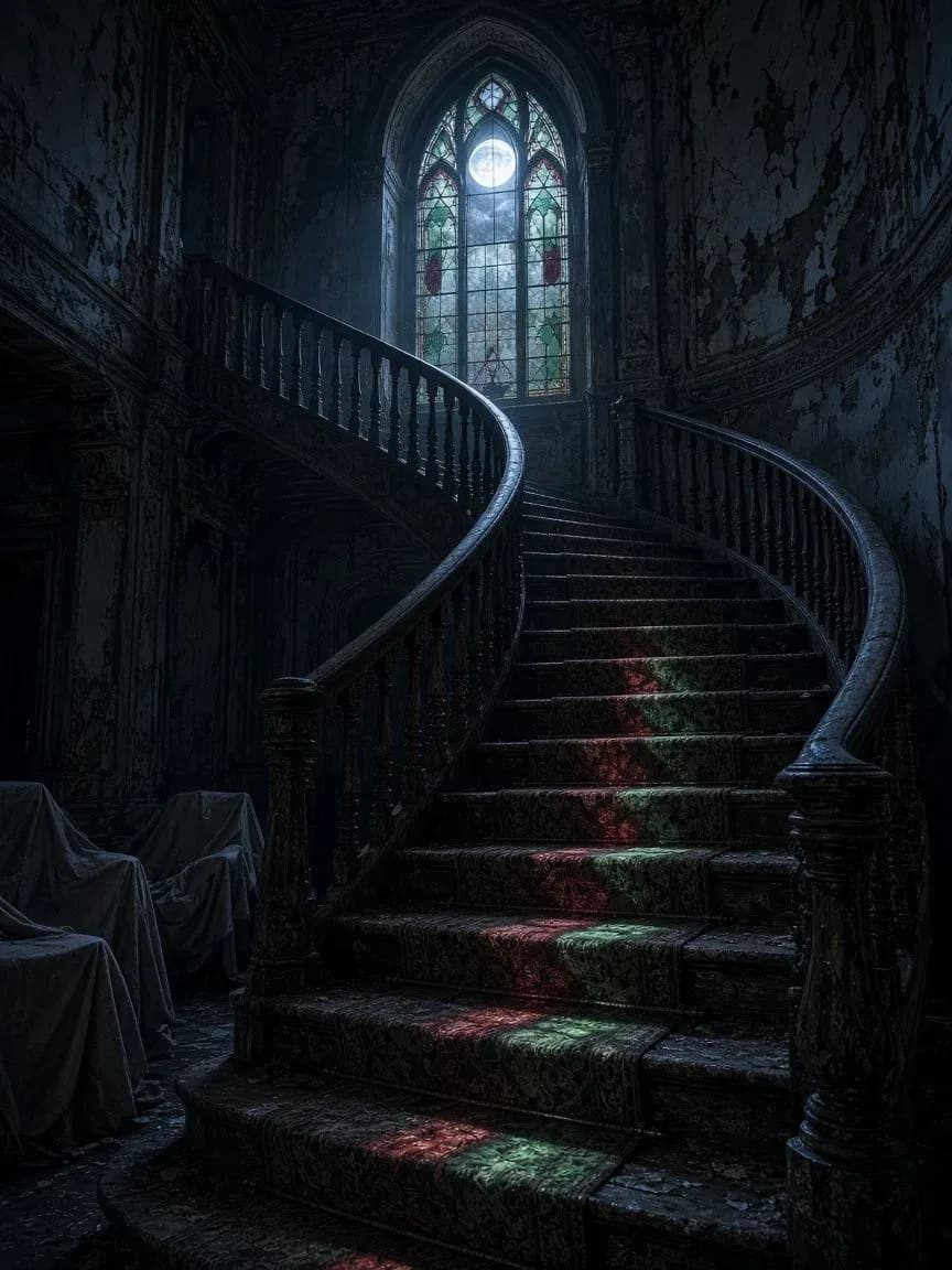 Sweeping grand staircase in an abandoned mansion with red and green stained glass light on the steps, generated with Grok Imagine Image 2.0