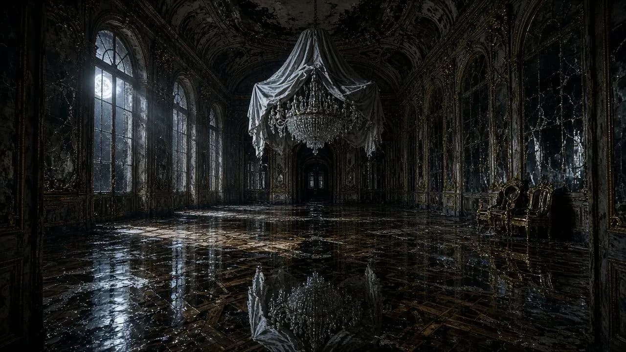 Empty mansion ballroom at night with a cloth-wrapped chandelier reflected in a flooded parquet floor, generated with Grok Imagine Image 2.0