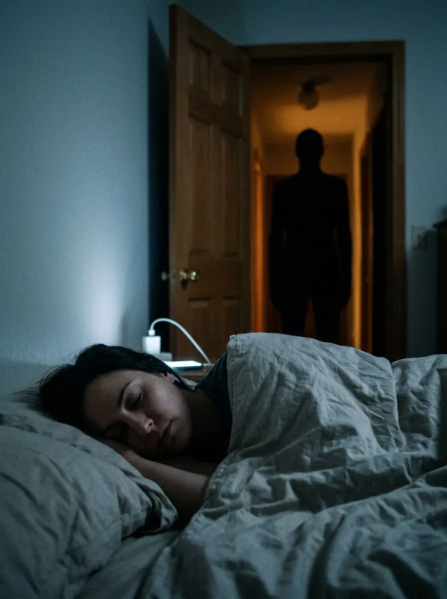 Horror film still of a woman asleep in bed while a tall silhouetted figure stands in the doorway behind her, generated with Nano Banana 2