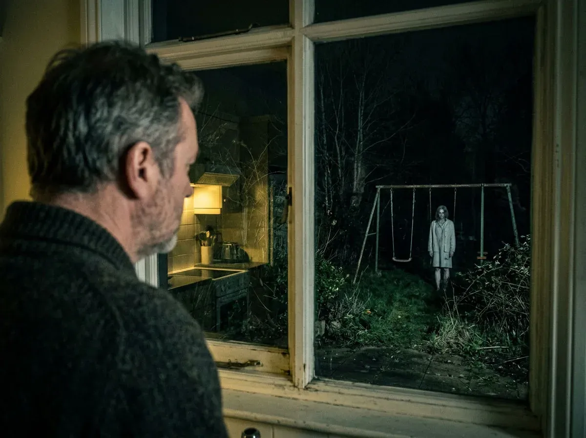 Over-the-shoulder horror shot of a man looking through a kitchen window at a figure standing by a swing set in the dark yard, generated with Nano Banana 2