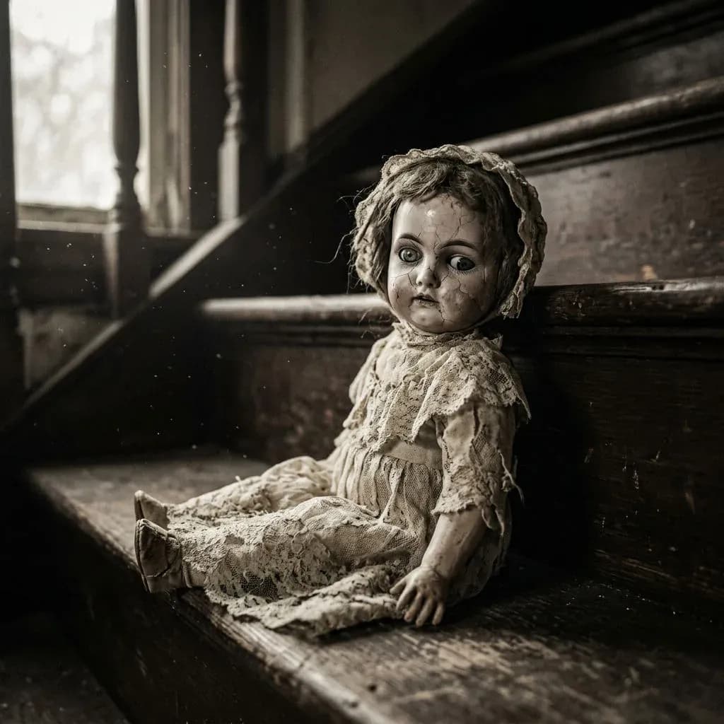 Macro photograph of an antique porcelain doll on a staircase with its head turned toward the camera, generated with Nano Banana 2