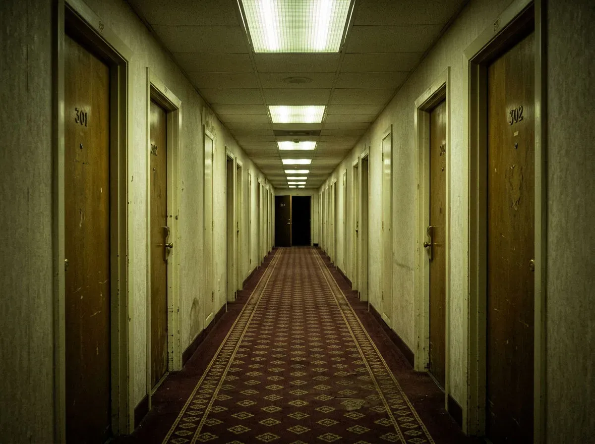 One-point perspective photo of an endless hotel corridor with repeating doors and one door left open, generated with Nano Banana 2