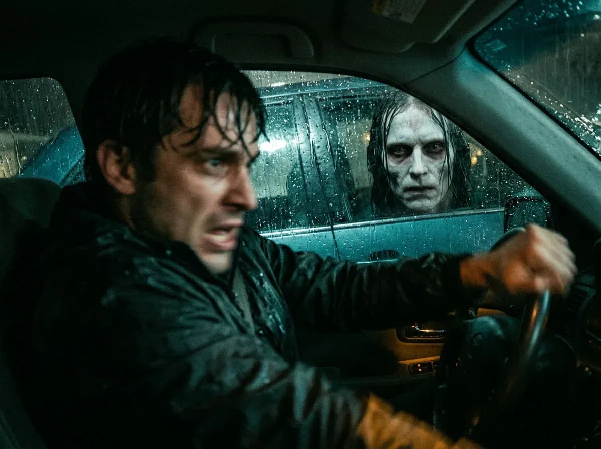Jump-scare horror still of a pale face pressed against a rain-streaked passenger window as the driver recoils, generated with Nano Banana 2