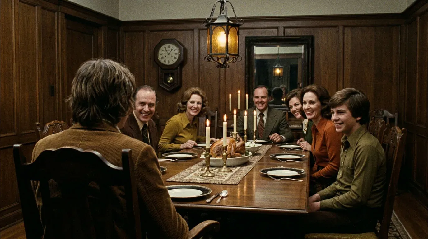 Symmetrical horror still of a family at a dinner table all smiling and staring at one nervous guest, generated with Nano Banana 2
