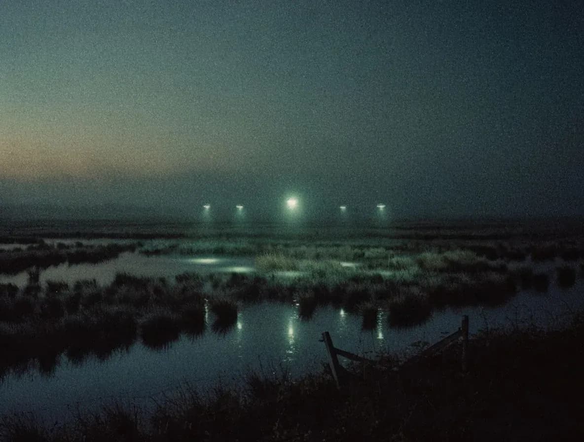 Small pale green-white lights hovering low over a dark marsh at night, mirrored in the still water, generated with Krea 2 Large