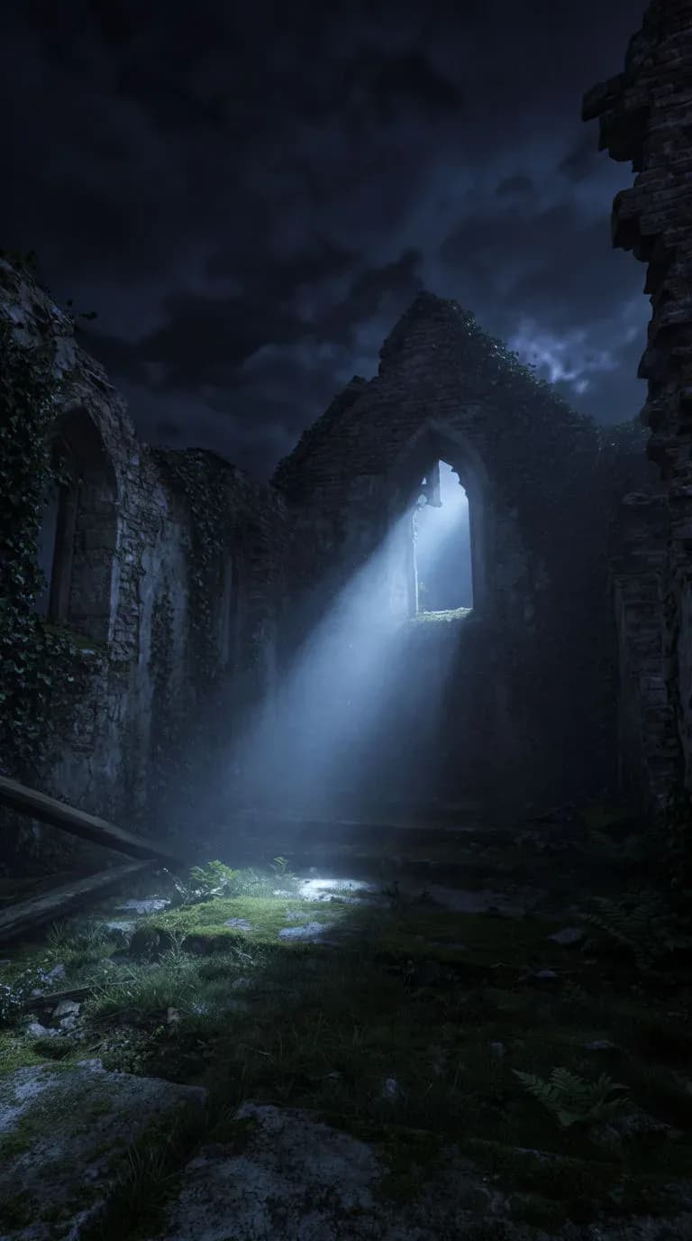 Shaft of moonlight falling through a broken arched window into an overgrown roofless chapel, generated with Krea 2 Large