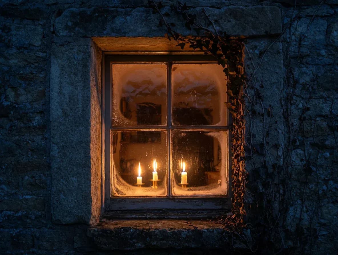 Three lit candles on a stone sill seen from outside a small cottage window on a cold blue night, generated with Krea 2 Large