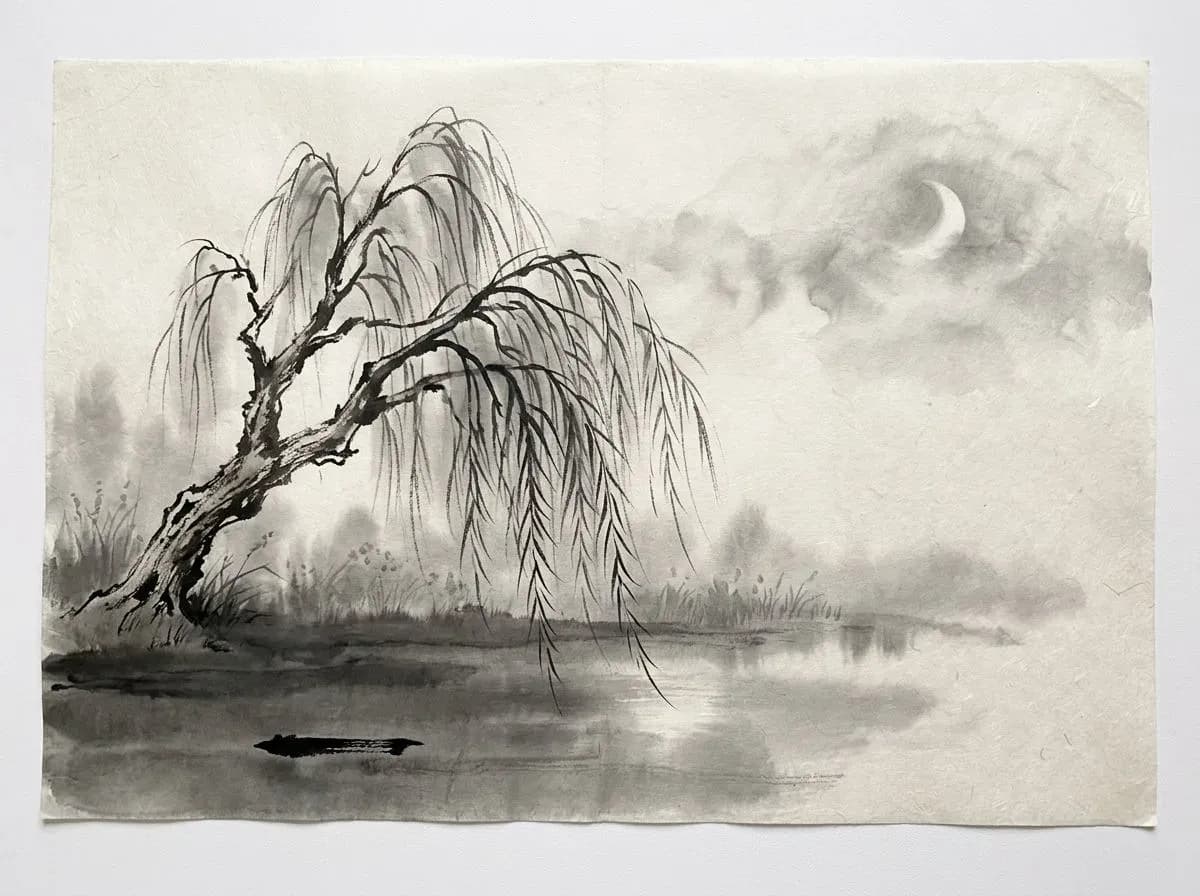 Ink wash painting of a weeping willow leaning over a marsh under a hazy moon, generated with Nano Banana 2