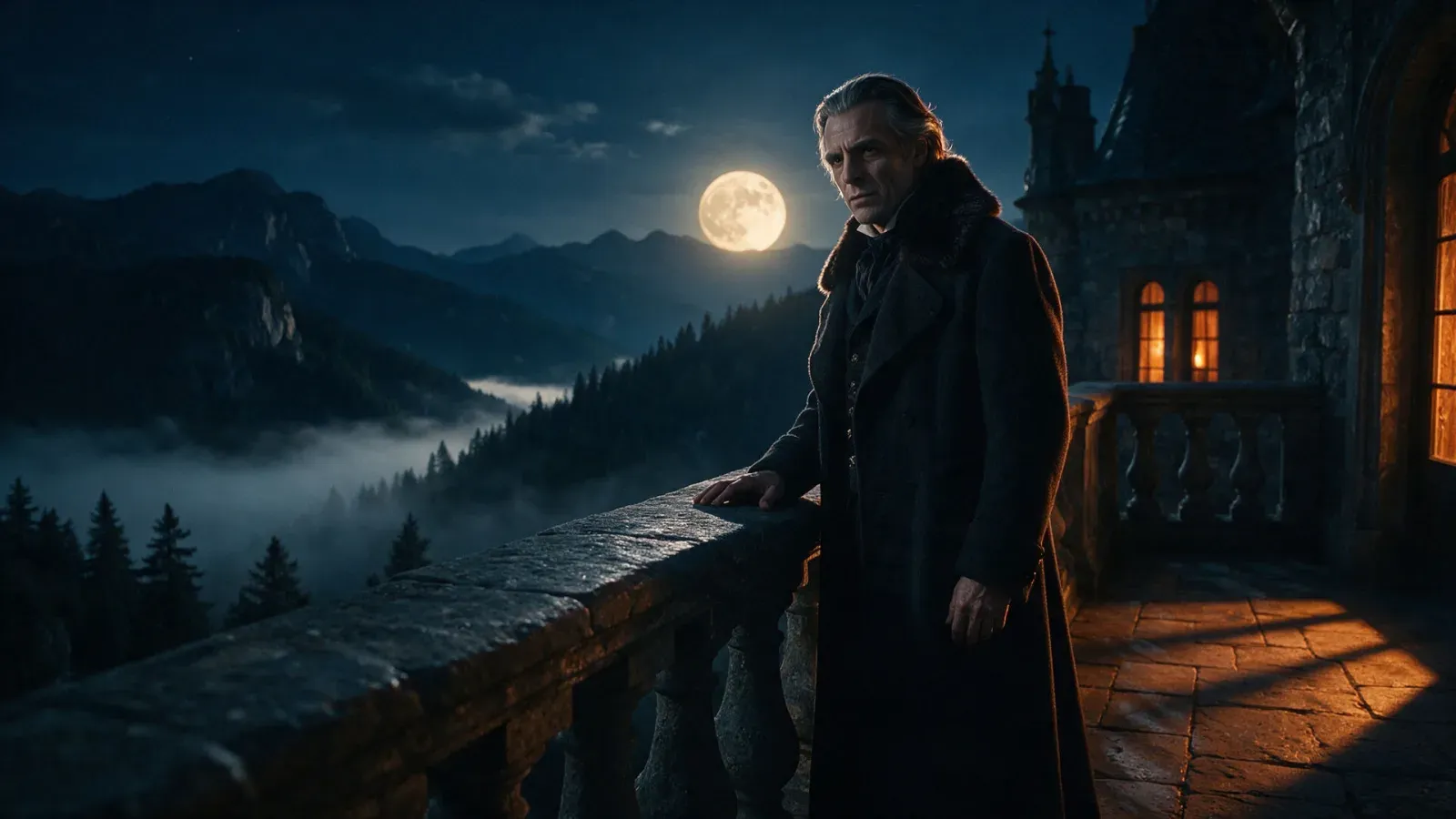 Aristocratic vampire count on a moonlit castle balcony above misty Carpathian mountains, generated with Seedream 5.0 Pro