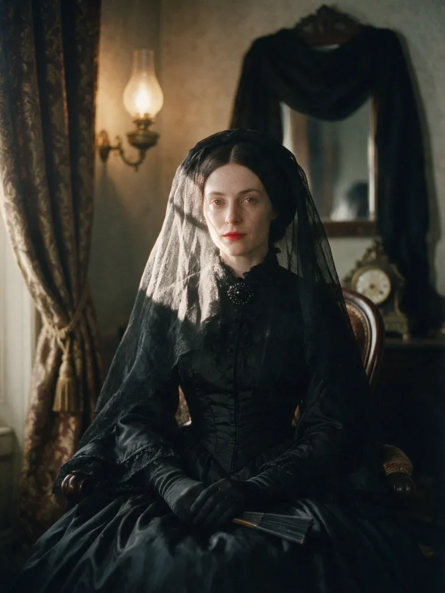 Victorian vampire widow in black mourning silk seated in a gaslit parlour beside a covered mirror, generated with Seedream 5.0 Pro