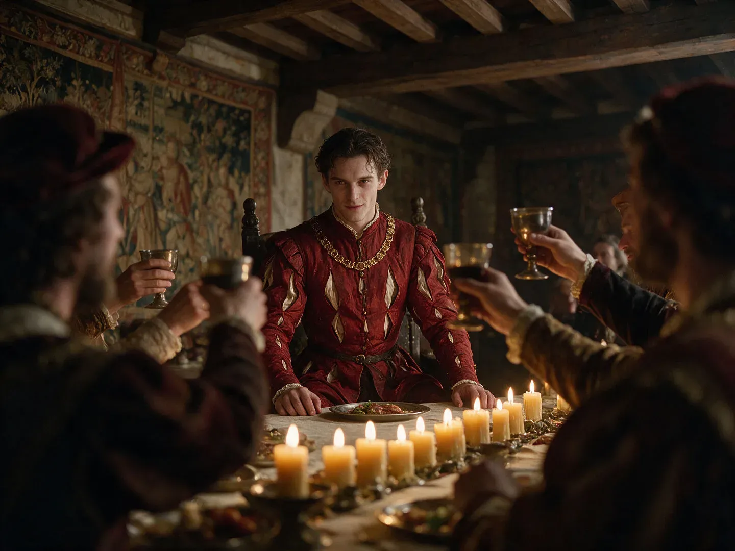 Renaissance court vampire in a crimson doublet at the head of a candlelit banquet table, his plate untouched, generated with Seedream 5.0 Pro