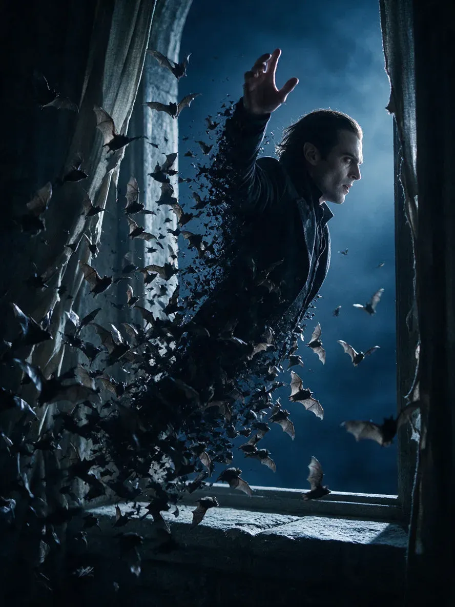 Vampire at a castle window caught halfway through dissolving into a swarm of bats, generated with Seedream 5.0 Pro