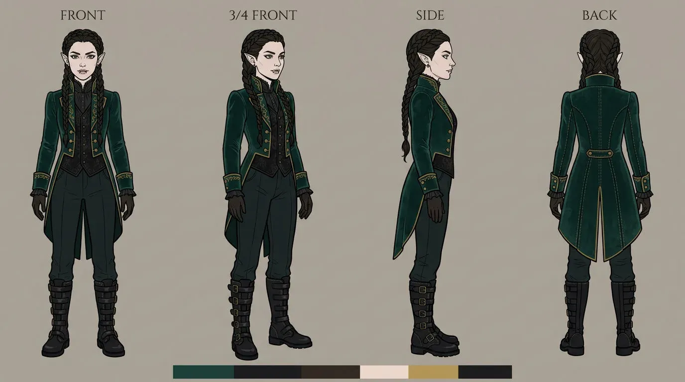 Character turnaround sheet of an original vampire woman shown in front, three-quarter, side and back views, generated with Nano Banana 2