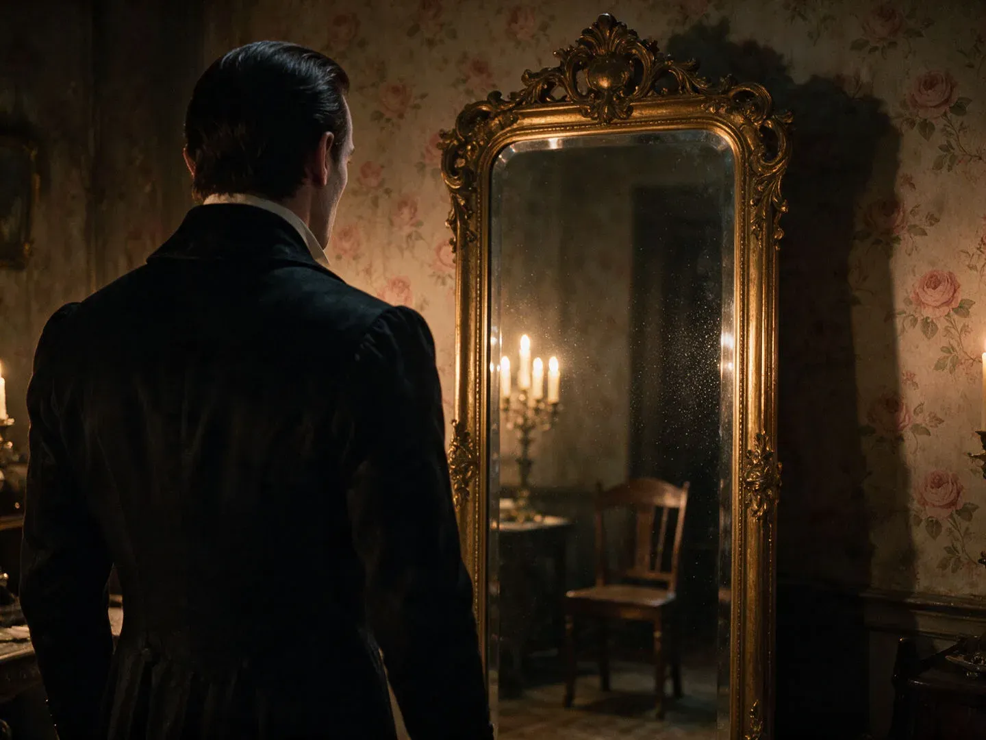 Over-the-shoulder shot of a vampire before a gilt mirror that shows the room behind him but not him, generated with Seedream 5.0 Pro